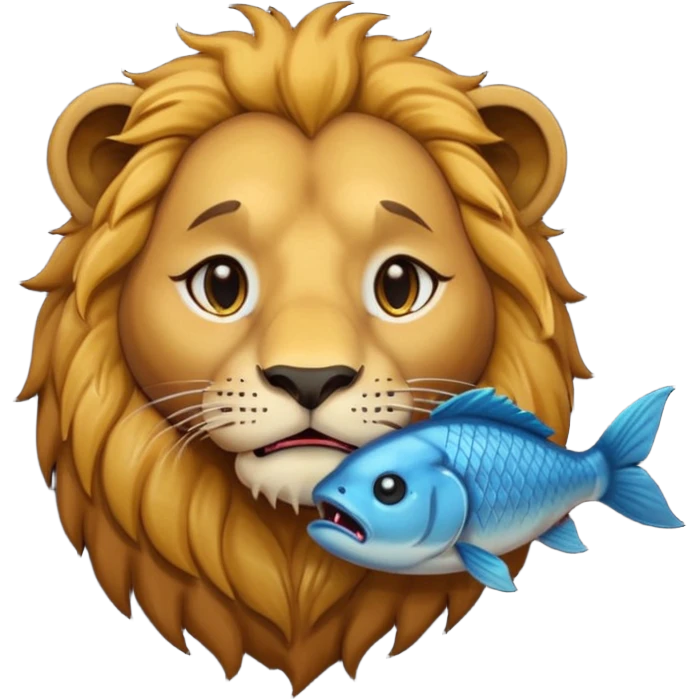  A lion eating a fish, feeling sad, cry, tear falling from eyes, portrait, bust up emoji