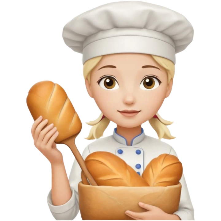 Young female baker - wearing a white chef's hat, holding a cream piping bag and bread in her hand emoji