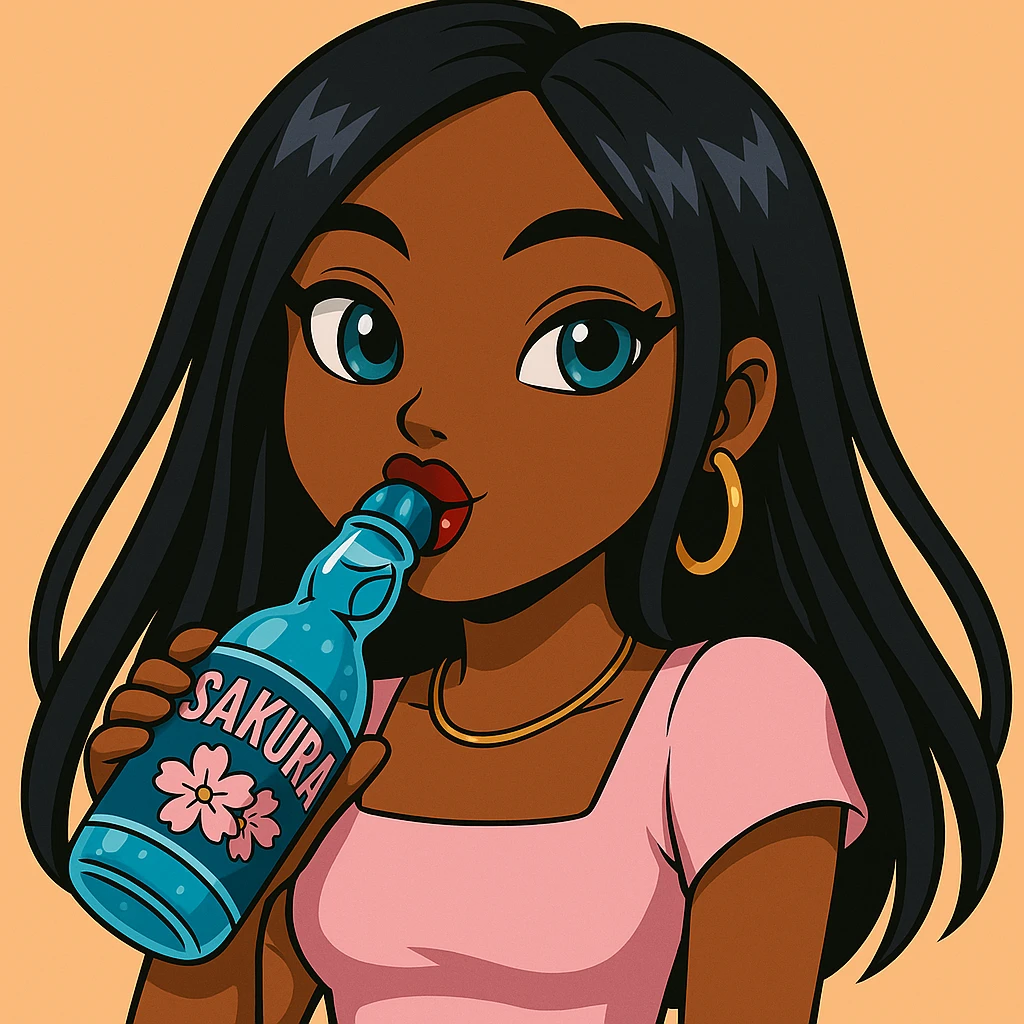 Add the word 'Sakura' to the blue Ramune soda bottle label. Headshot only of a 20-year-old anime Bratz style woman with dark skin, straight hair, trendy outfit, big expressive eyes, glossy lips, no hat, no tears, happy expression, both eyes open, looking straight ahead, drinking blue Ramune soda from the classic glass bottle. emoji