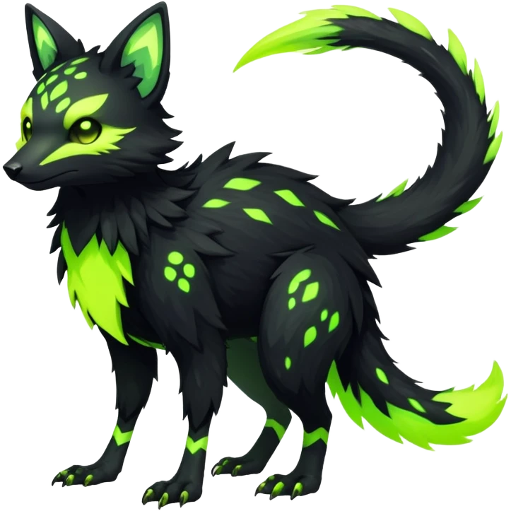 Rare realistic black edgy toxic radioactive-themed black fur with neon-lime-green-glowing  epic handsome gorgeous aesthetic vibrant Vernid-Trico-species-Fakemon-creature by LiLaiRa, 4 legs, 1 tail, random markings, (full body) emoji
