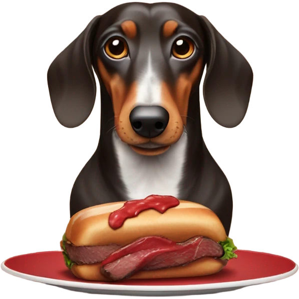 Dachshund eating a filet mignon emoji