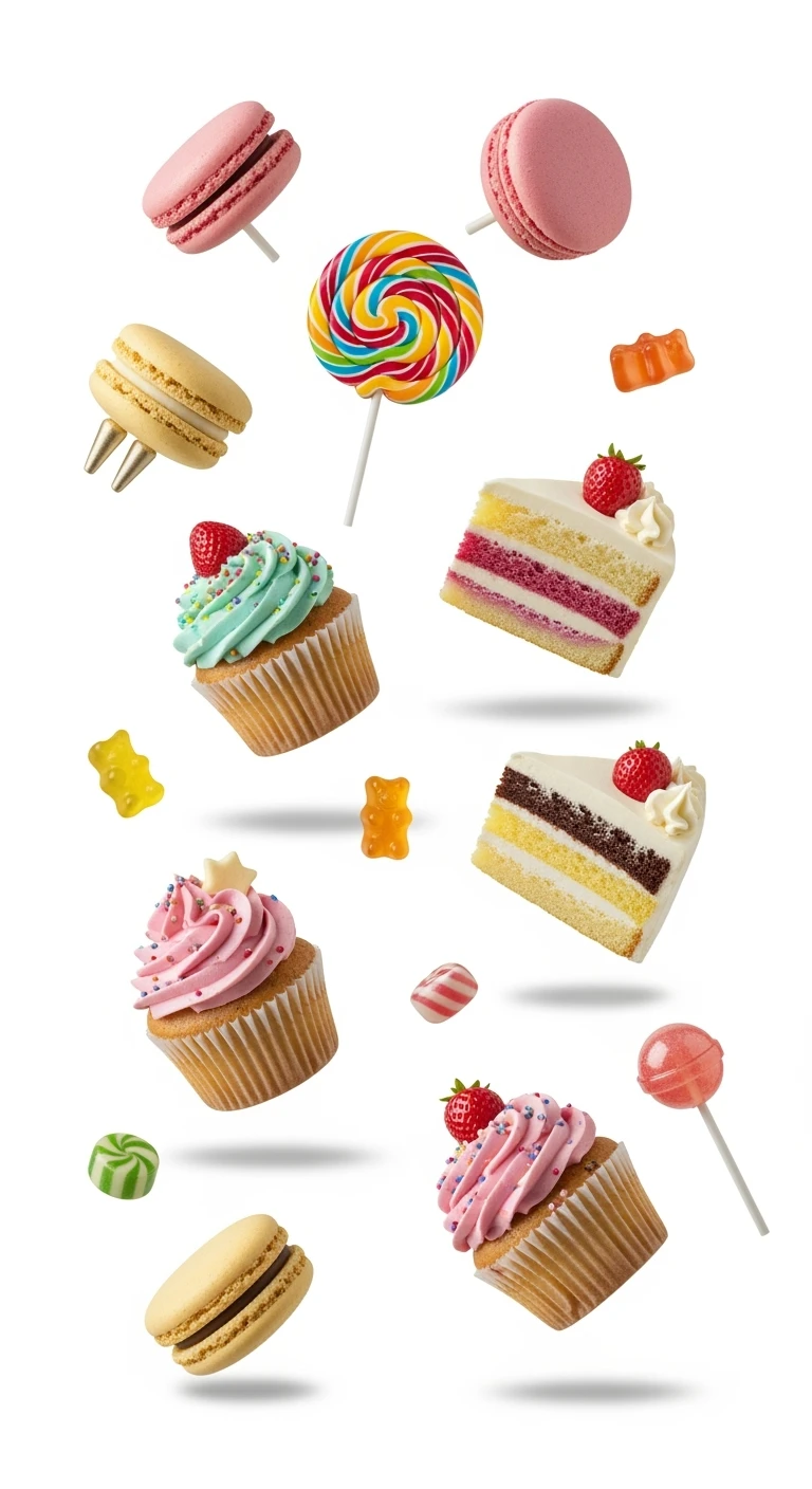 dolci che fluttuano, sfondo bianco emoji