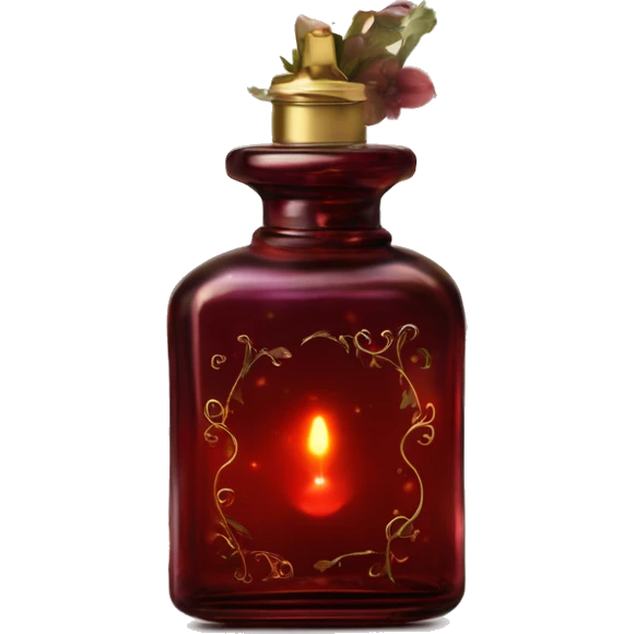 Dark red magic fairy light sparkling old Antique oil perfume bottle with herbal and flowers emoji