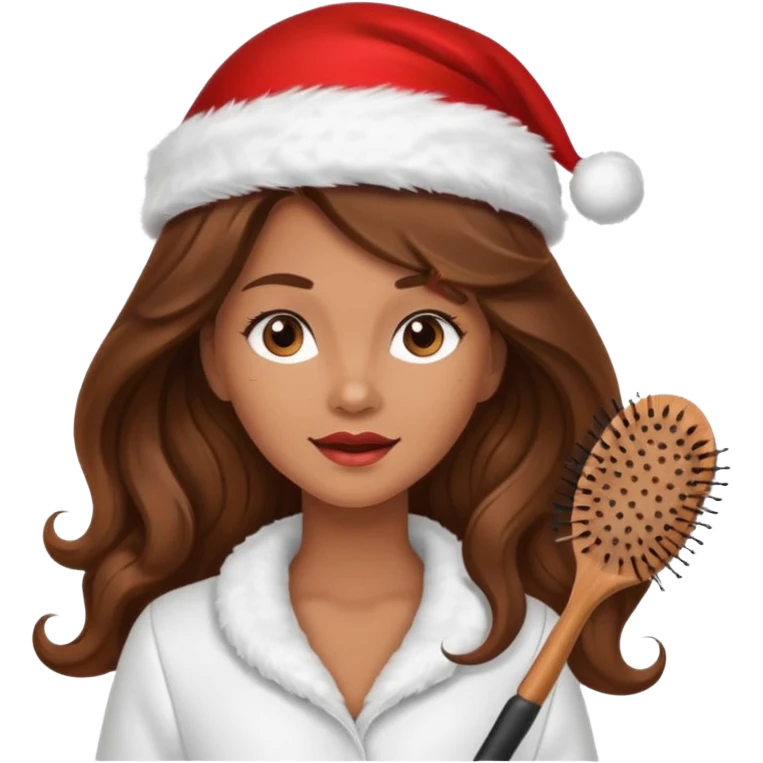 mujer peinandose en la peluqueria y con un gorro de navidad, cabello largo café y ondulado emoji