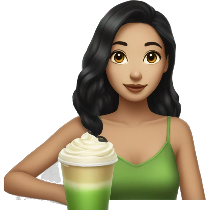 Girl with black hair with matcha latte in hands emoji