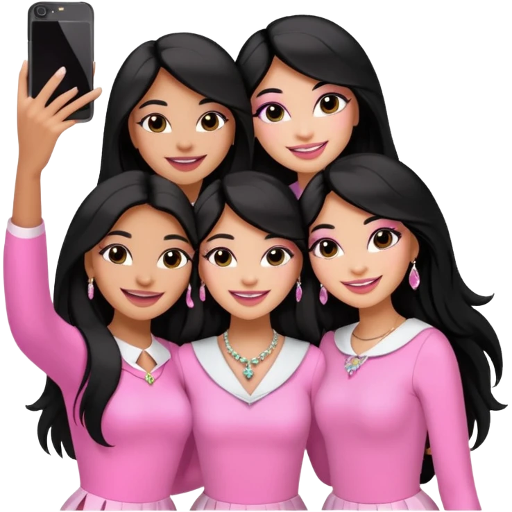 3 besties with professional glammed up looks wearing pink and white, medium skin tone smiling big with black long hair. Very girly wearing jewelry, taking a selfie  emoji