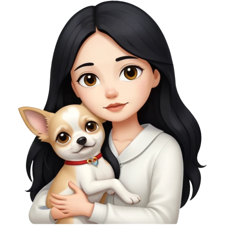 Fair skin girl - long black hair - white clothes - hugging a chihuahua emoji