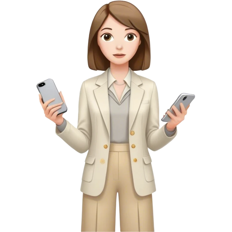 pale skin woman with brown Straightened bob Hair, White Spacious classical jacket, beige palazzo Arrow pants and gray blouse, beige dress holding white IPhone 15 pro in the hands emoji