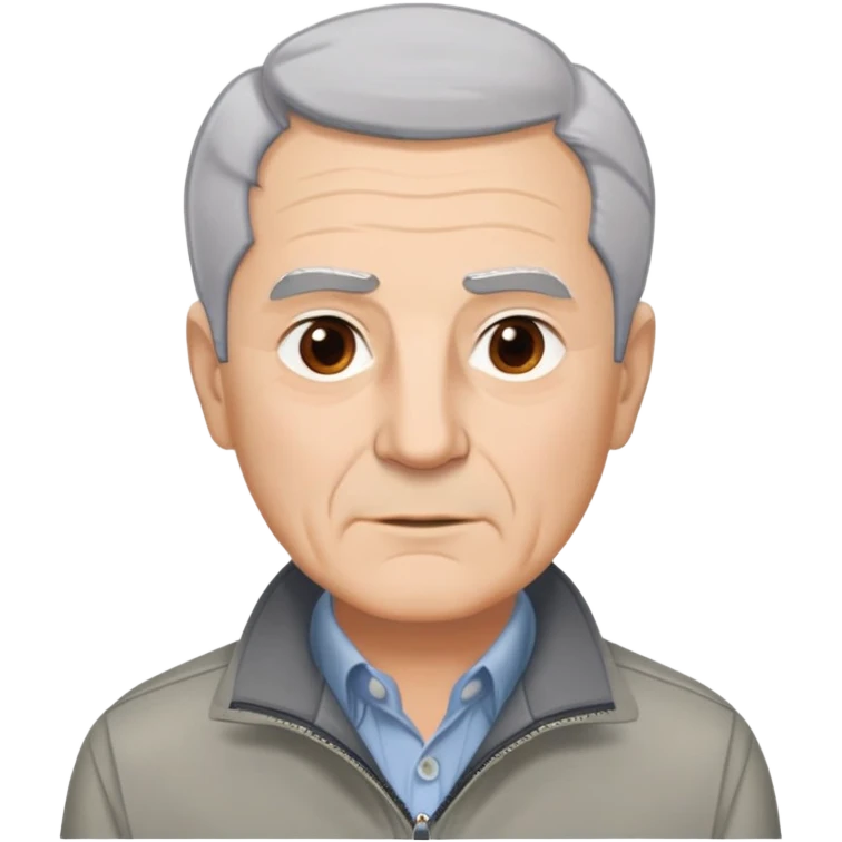 Distinguished older man in his 60s, light complexion, round face with broad jaw, vivacious brown eyes, thick eyebrows giving intensity to expression, short gray-white hair combed slightly back with visible receding hairline, clean-shaven, wearing gray casual jacket over button-up shirt emoji