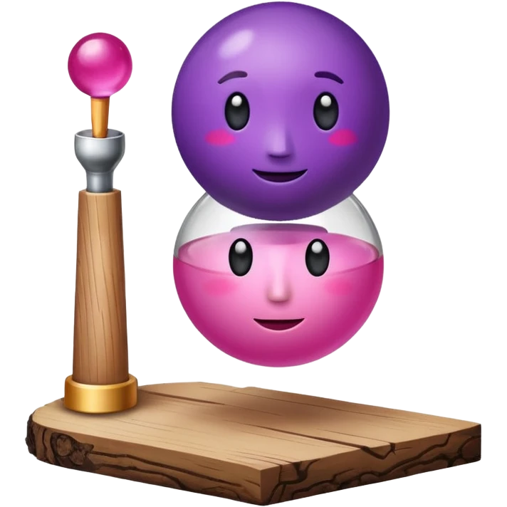 A half pink half purple ball with a face wooden stem followed by a glass stem on top of the wood stem tilted 90 degrees emoji