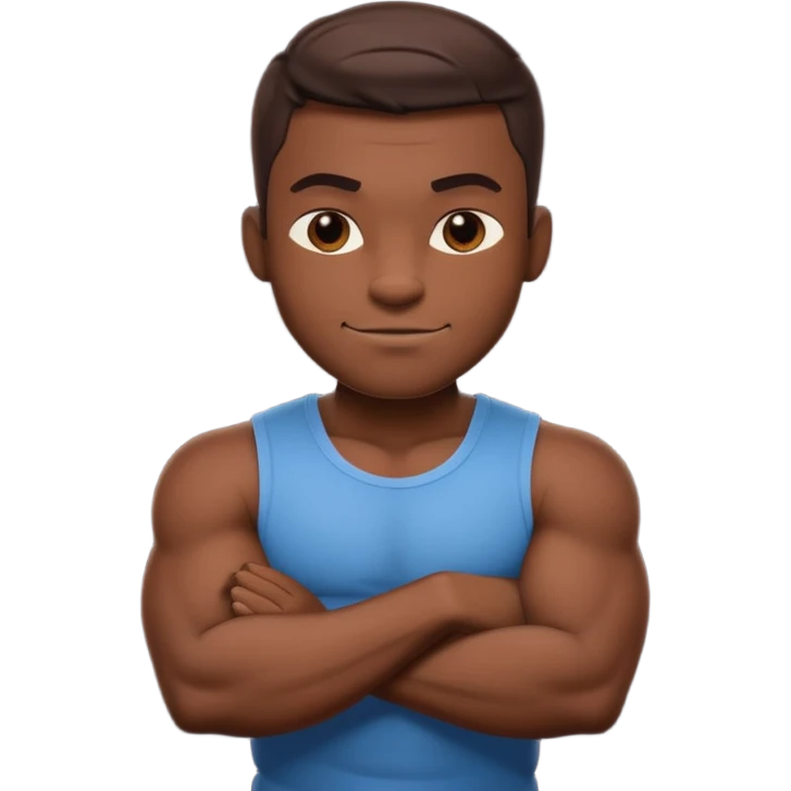 A confident, muscular cartoon male character with dark skin, crossed arms, smirking expression, bold, minimalistic lines, warm shadowing, stylized as an emoji icon. emoji