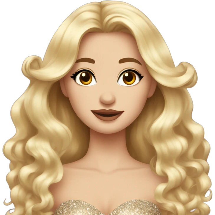 Gorgeous blonde woman, brown eyes, long wavy hair with bows, wearing a sparkly gown emoji