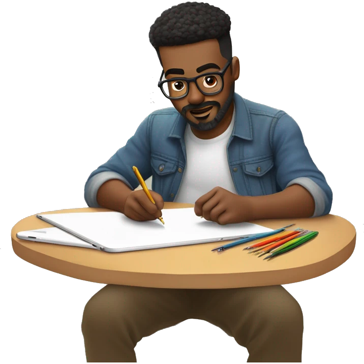 👨‍🎨📱✍️ A creative man is focused, drawing on an iPad with a stylus. , using the iPad placed on a table. with art tools like brushes and pencils around him. 🎨 emoji