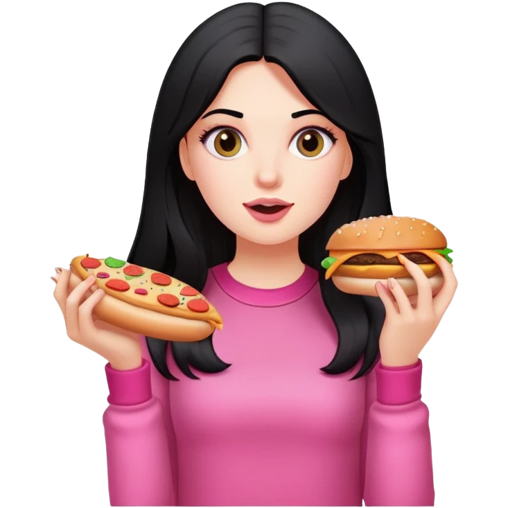White girl in pink clothes and long black hair eating burger and pizza emoji