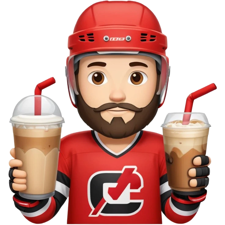 hockey player with a beard with iced coffee in red and black jersey wearing a hockey helmet  emoji
