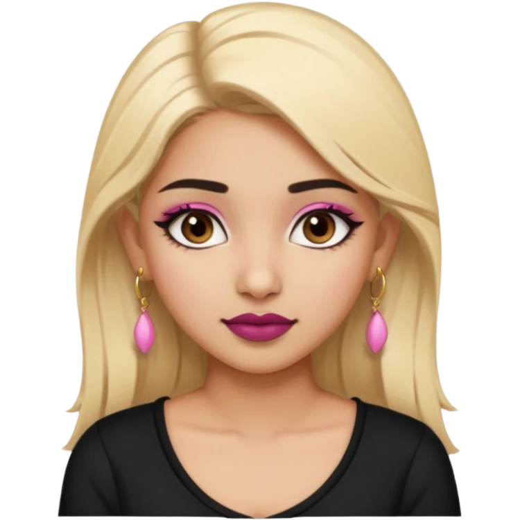 Sweet Indian girl blonde hair darkbrow eyes brown lipstick, pink blush, black top gold earrings, brown eyebrows  emoji