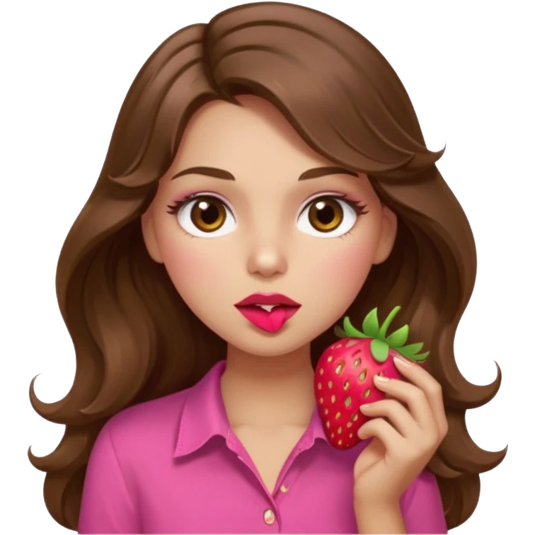 girl with long wavy brown hair, brown eyes, light to medium complexion, in a pink shirt, pink lips, long lashes, sexy , puckering, blushing, eating a strawberry sexy emoji