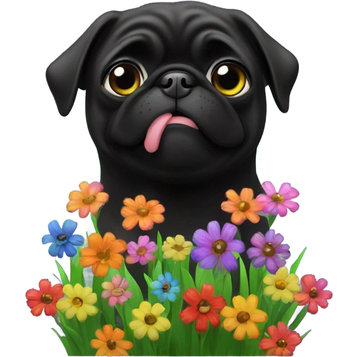 Black pug , surrounded by flowers, holding a green sign that says “good luck”  emoji