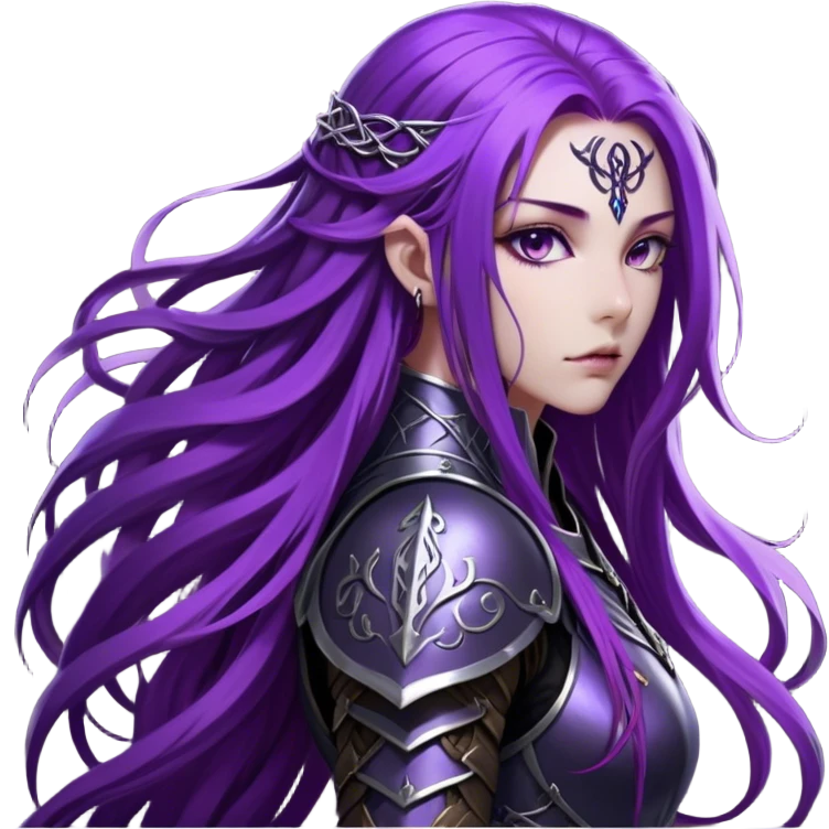 A mysterious warrior girl with long, flowing purple hair cascading down her back, strands catching the dim light like silk. Her piercing violet eyes glow. She wears sleek black armor, a perfect fusion of elegance and lethality, adorned with intricate silver engravings resembling ancient runes.  emoji
