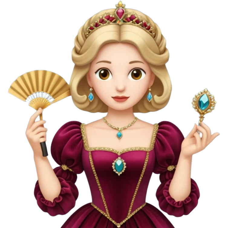 An emoji portrait of a Renaissance Italian princess. She wears a sumptuous velvet gown with a square neckline and puffed sleeves. Her hair is styled with a jeweled ferronnière, and her expression is poised and intelligent. She is holding a small, delicate fan. emoji