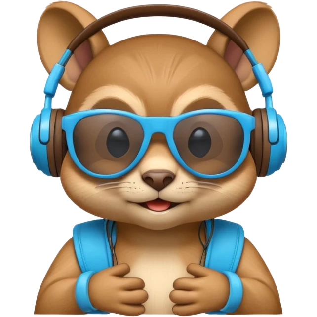 A high-detail 3D cartoon emoji of a cool chipmunk wearing oversized glowing blue DJ headphones and white retro sunglasses, expressive smirk, vibrant colors, white background, high gloss. emoji