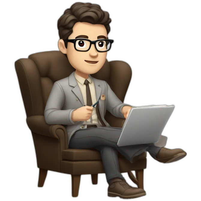 Pale skinned Fit Man With dark brown hair in gray jacket, beige office shirt and vintage glasses sitting In a soft chair with a notebook with emblem Ψ and a pen in his hands emoji