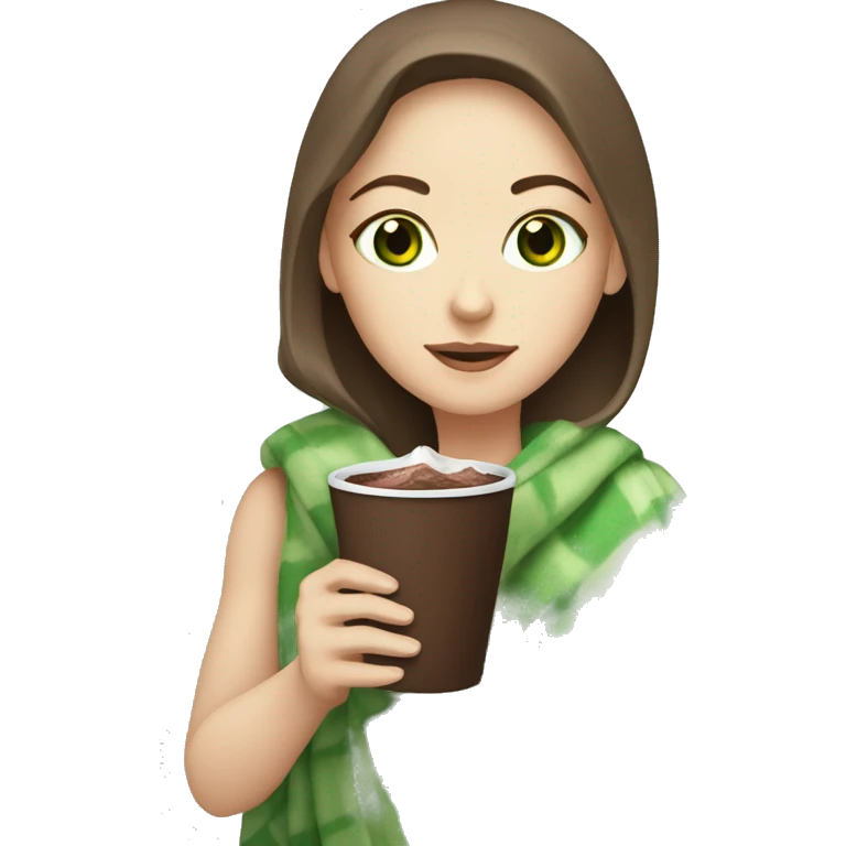 White girl with blanket and cocoa and green eyes emoji