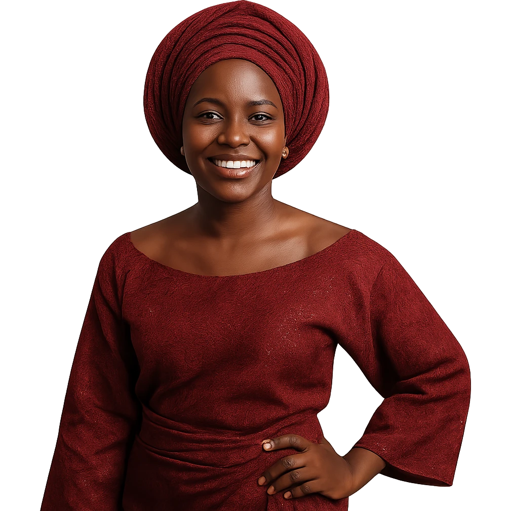 a Nigerian Black woman smiling with traditional Nigerian dress, confident, clear background emoji