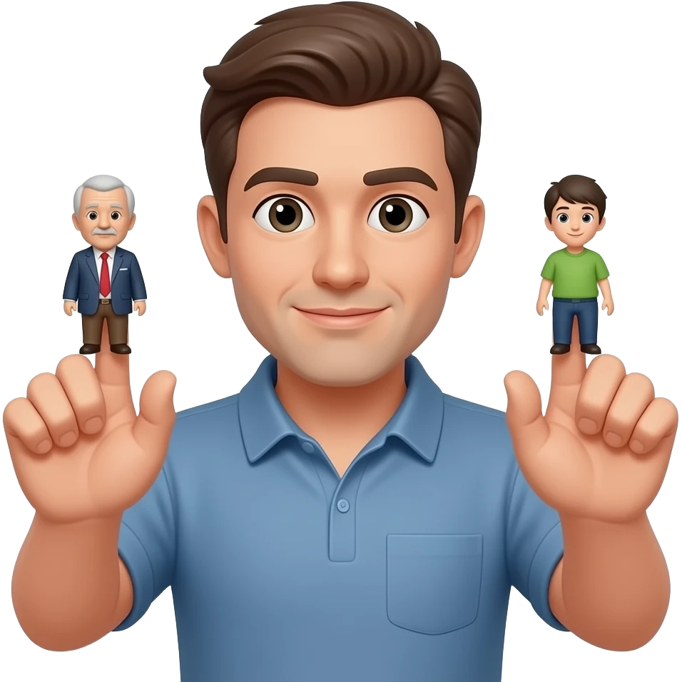 Male Holding two figures up to his mount, figures split while younger out liking between the fingers emoji