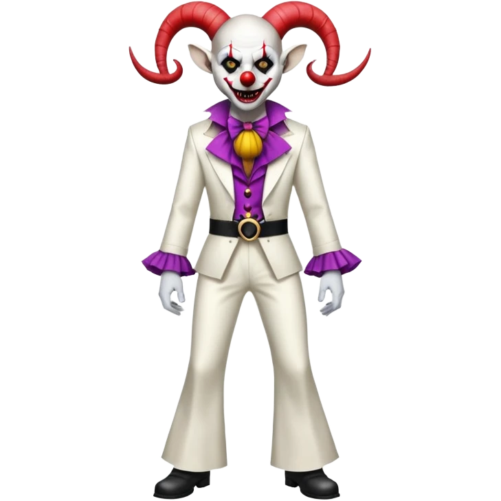 full-body demonic clown in a white leisure suit with bellbottom pants, bald, with black ram horns, flashy belt, ruffled shirt, no neck tie, large fangs in mouth emoji