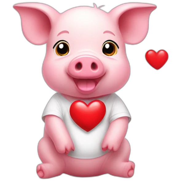 A pink baby pig with a white t-shirt on which there is a red heart, emoji