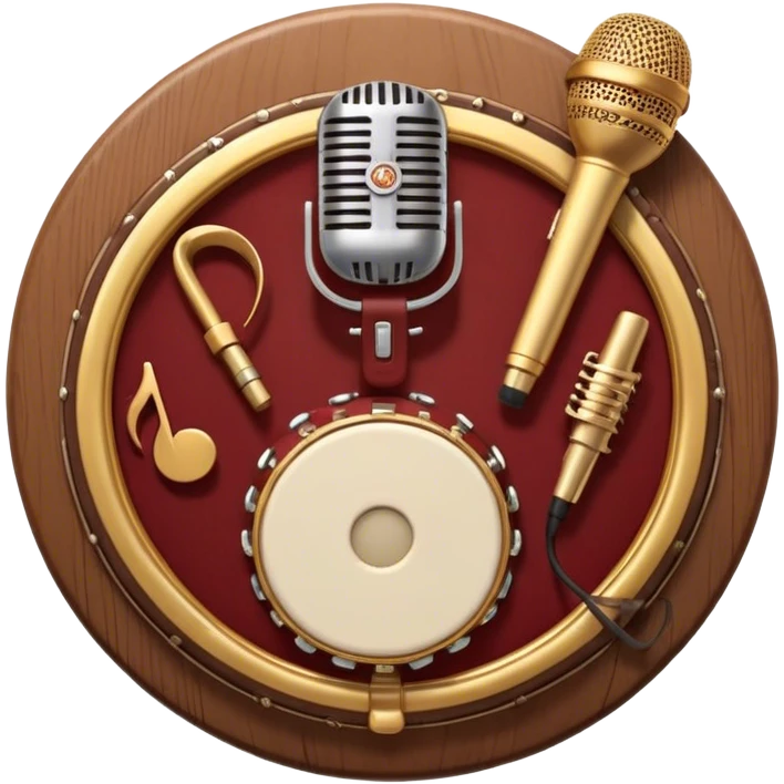 Create a warm and authentic humanless emoji representing folk singing. The design should feature a traditional folk microphone at the center, surrounded by classic instruments such as a bayan (button accordion), gusli (a traditional Russian zither), and a tambourine. Arrange these instruments in a harmonious, circular pattern to evoke a sense of folk music and community performance. Use natural, earthy colors like wood brown, deep red, and golden accents to reflect the rustic and heartfelt spirit of folk music. Add subtle musical notes to the background to convey the rhythm and harmony of the performance. The background should be transparent. emoji