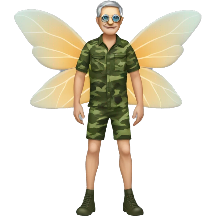 a middle aged madwith fairy wings, and swimming fippers. have him dresed in camo emoji
