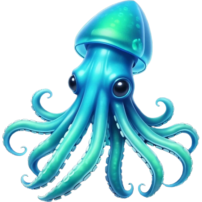 3D render of Deep Sea Squid, bioluminescent deep sea style, glowing neon blue and green lights, dark background to contrast the glow, translucent organic textures, more emision. emoji