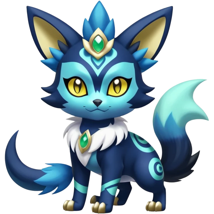 Shiny Greeb Exotic Badass Colorful Ethereal Royal Mysterious Gothic Meowstic-Zorua-Litten-Noibat-Pokémon-Fakémon-hybrid-creature (full body) with pattern-markings with golden eyes emoji