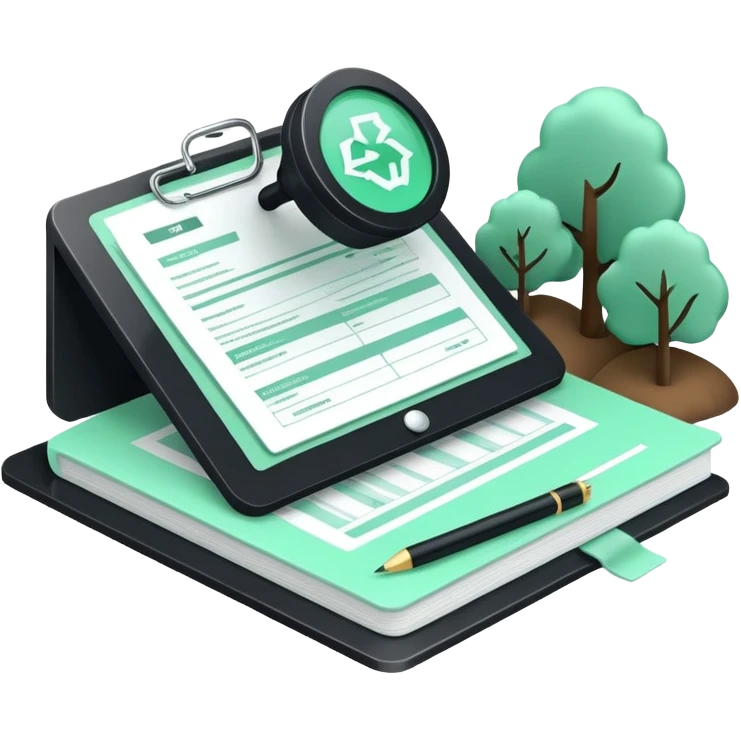 Environnement (Environment), 3D technical icon with black and mint green (#B5F4D3), environmental impact assessment document with regulatory compliance indicators and sustainability metrics emoji