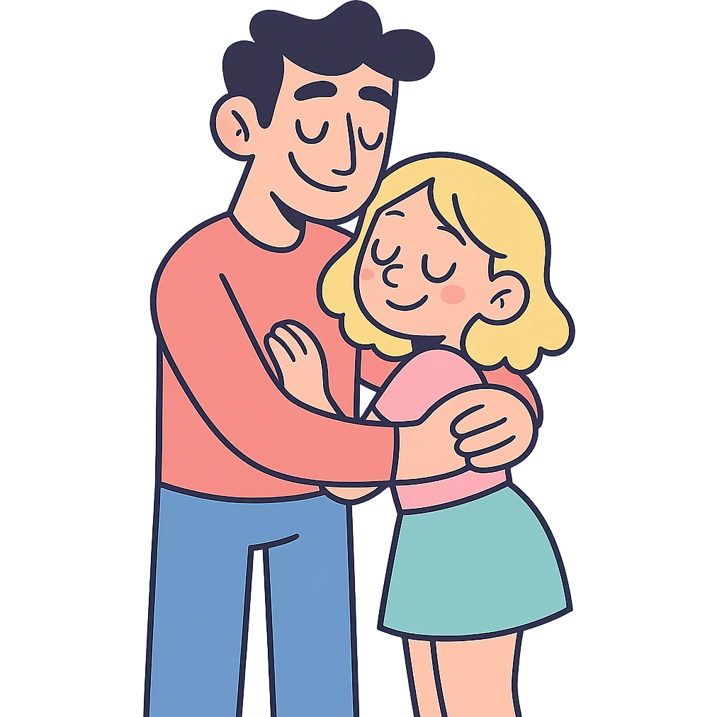tall dark-haired male cuddling his short blonde girlfriend, pastel toon style emoji