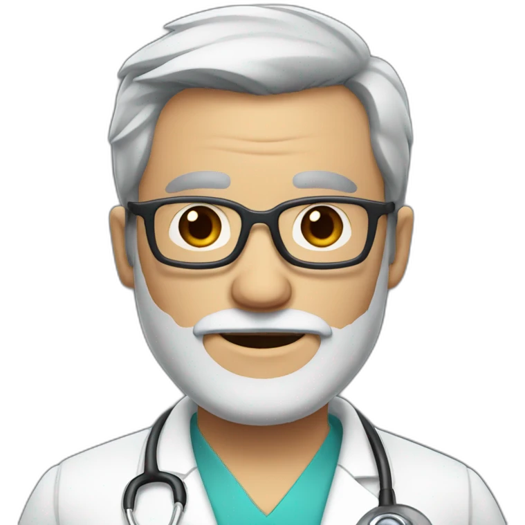 DOCTOR WITH WRINKLES, MAN, FULL GREY BEARD, GREY AND WHITE SHORT HAIR, DARK RED GLASSES emoji