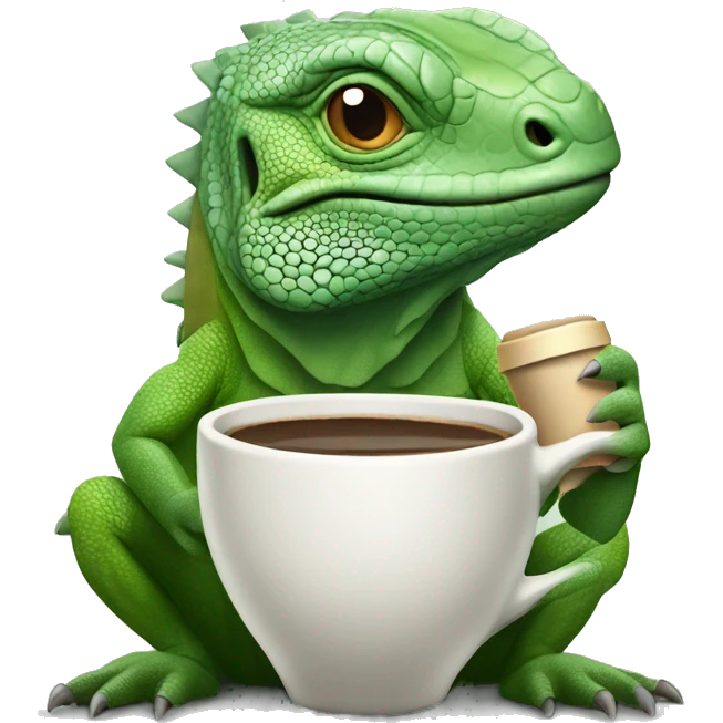 an iguana holding a small coffee cup emoji