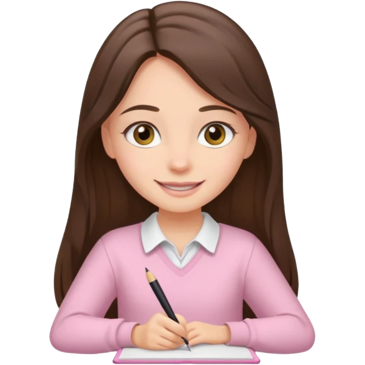 smiling long brunette hair girl hazel eyes wearing light pink clothes writing emoji