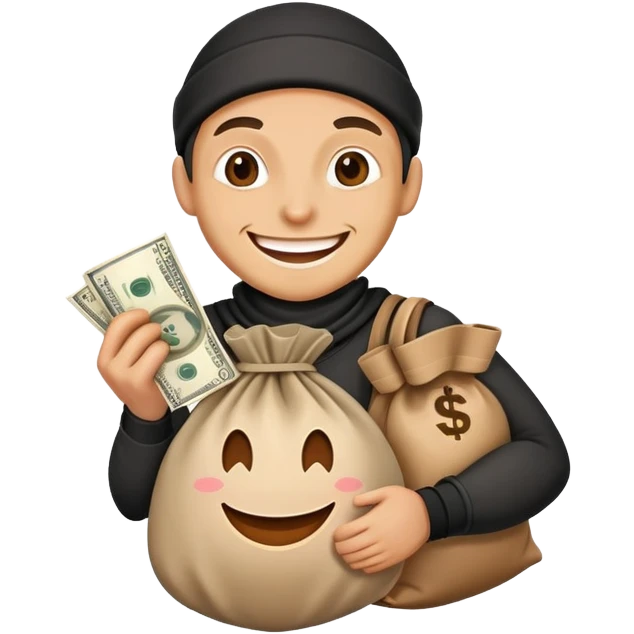 happy thief with a money bag and a big smile emoji