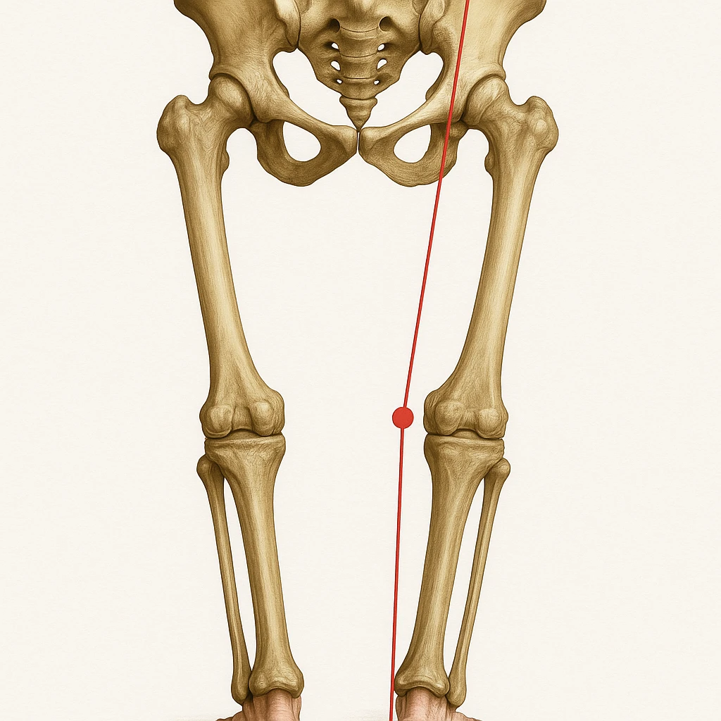 Hyperrealistic anatomical illustration 4K, rear view, 1:1 proportion, varus knee seen from behind, pelvis bones, femur, tibia, and fibula clearly highlighted, red mechanical axis line, realistic details, medical style, neutral background. emoji
