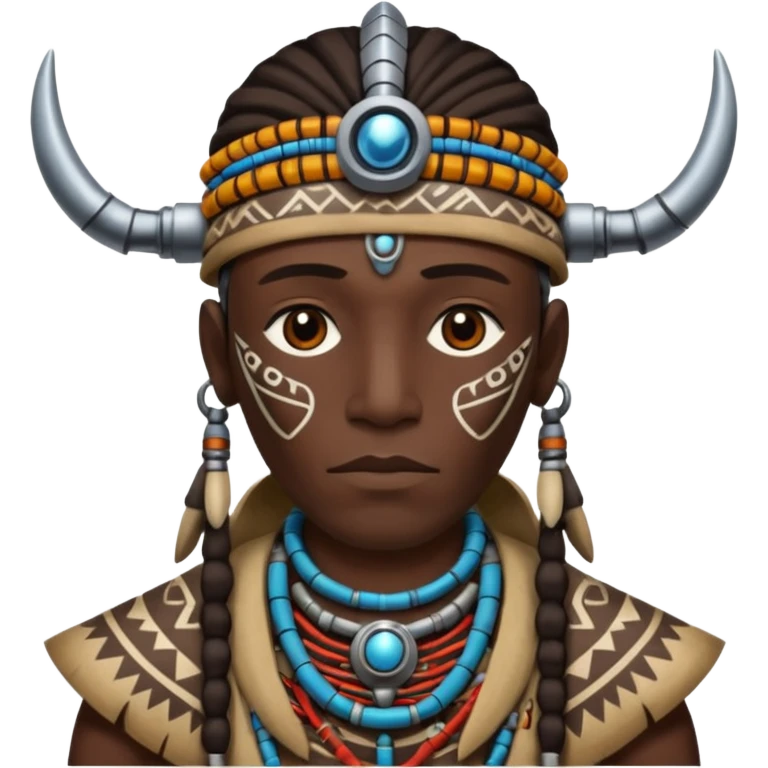 man,  tribal shaman cloth, half face robot emoji