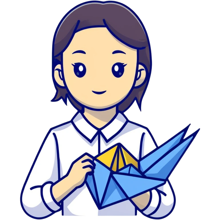 A Ukrainian young girl wearing a white embroidered shirt holds an origami yellow-blue crane emoji