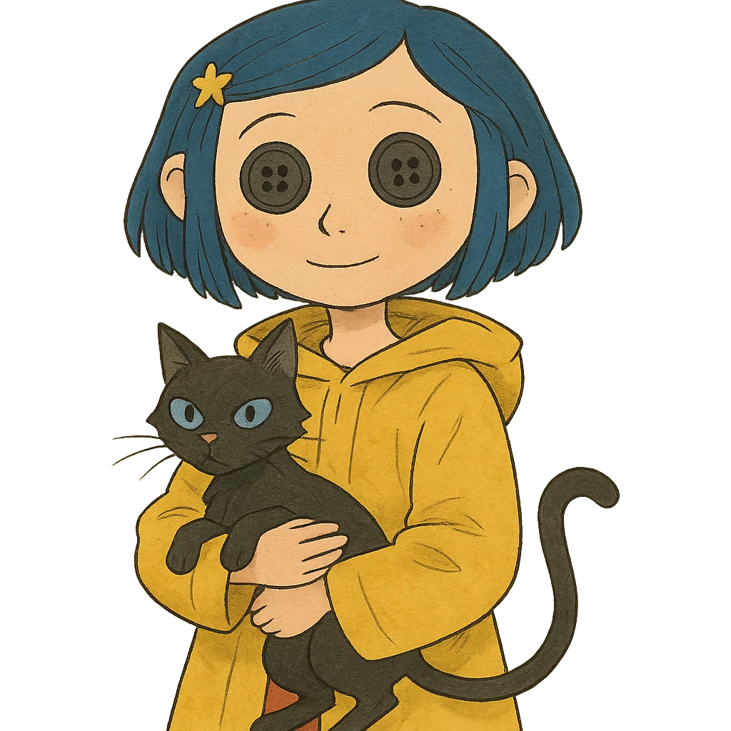 Coraline character with blue hair, yellow raincoat, button eyes, holding a black cat, whimsical style emoji