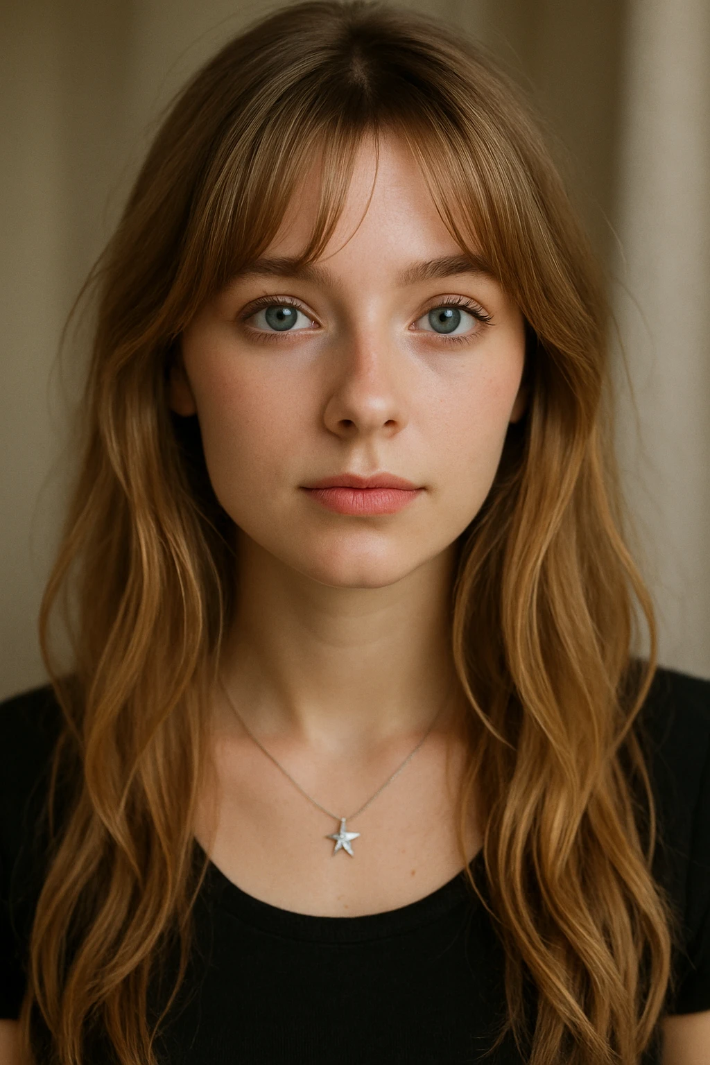 portrait of a girl, blue eyes, dirty blonde long hair with curtain bangs, small silver star necklace, soft lighting emoji