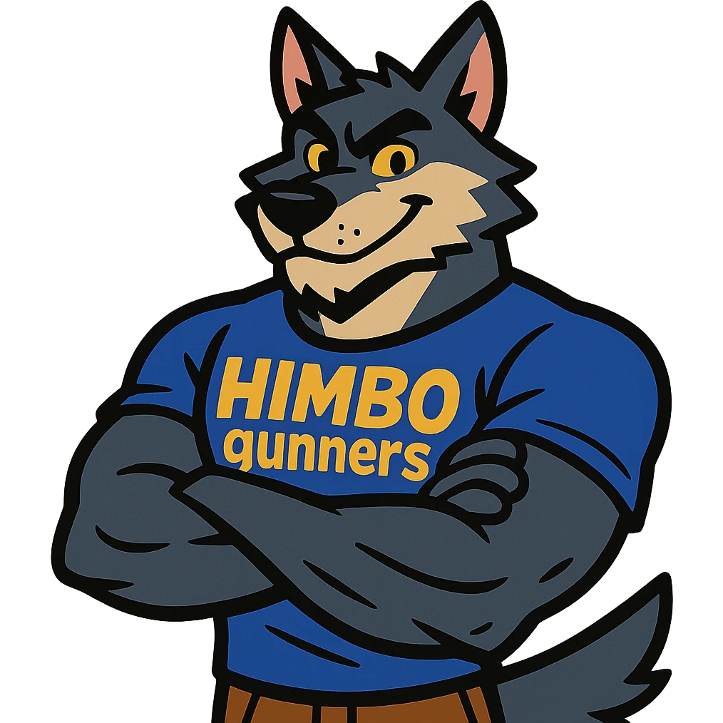 muscular wolf furry, arms crossed, wearing a t-shirt with 'Himbo gunners' emoji