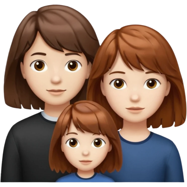 Two girls and a boy. Girl one has long, wavy, light to reddish-brown hair with bangs. Girl two has a dark-colored bob haircut. The boy has wavy, tousled, light to reddish-brown hair with a right side parting.
 emoji