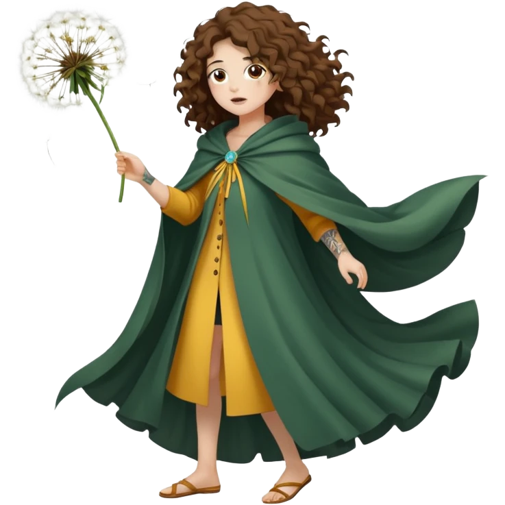 full body woman long curly brown hair brown eyes white skin tattoos dandelion seed cloak blowing apart around her emoji