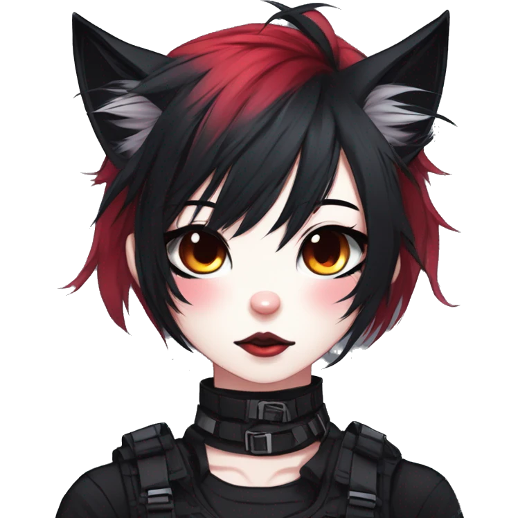 Gorgeous gothic dark techwear anime style anthro cat furry with blushing face aesthetic and pretty edgy black red punk messy ponytail hair with collar and harness trending style emoji
